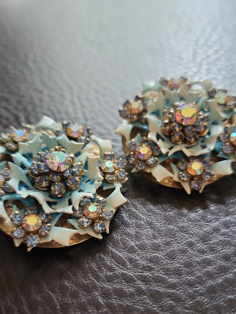 Vintage Style Aqua Crystal Flower Clip-On Earrings